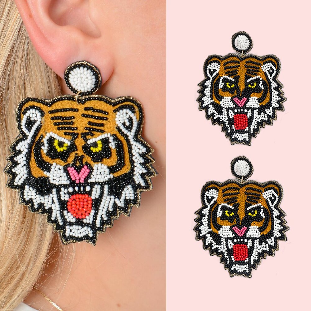 Embroidered and Beaded Team Mascot Tiger Animal Statement Earrings